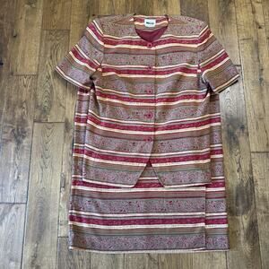 Leslie Fay Skirt Suit 2 Piece Button Front Green Red Stripe Women's Sz 16 VTG